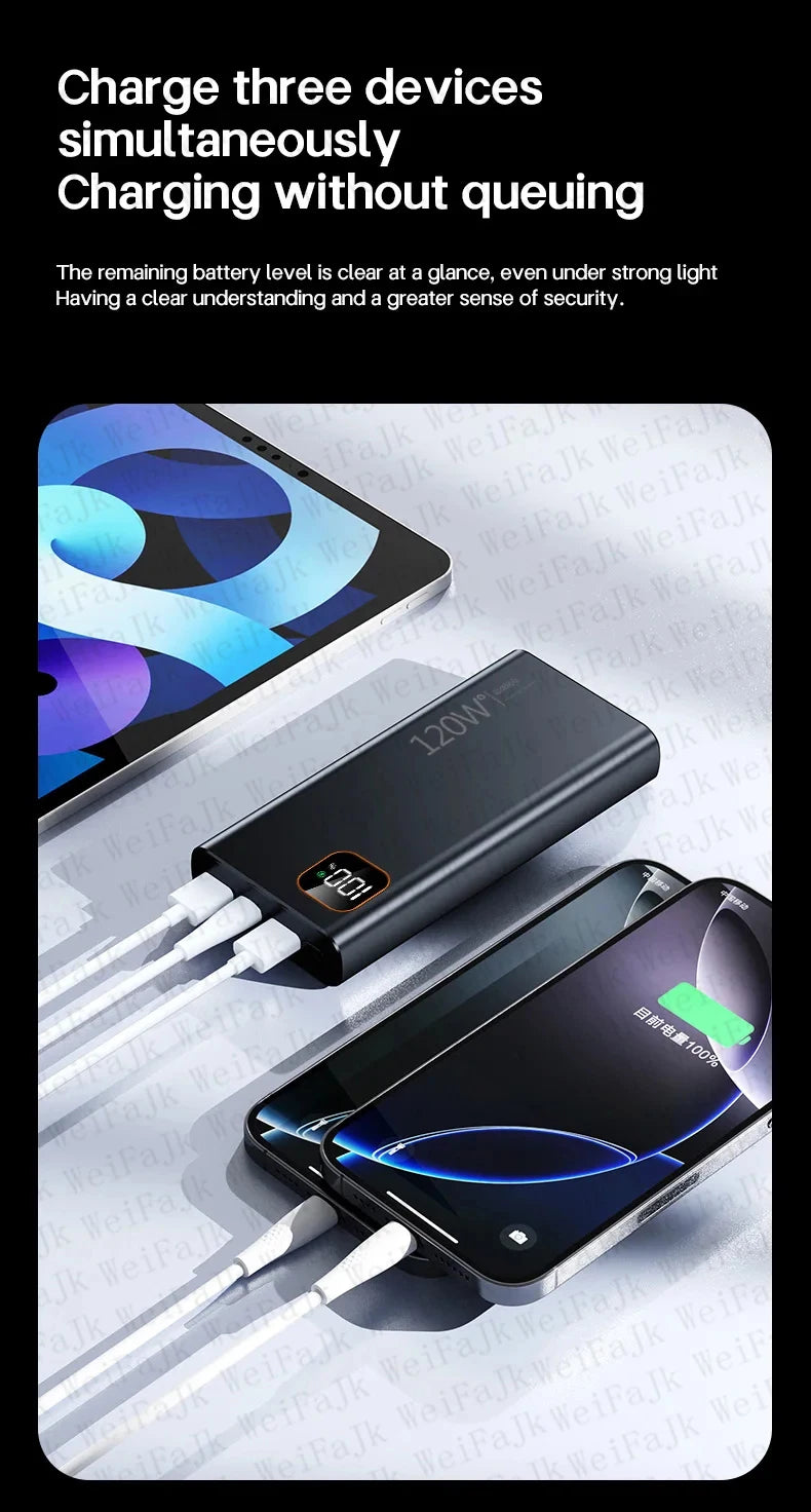 Original 120W Powerbank 50000mAh Mobile External Spare Battery Portable Charger Super Fast Charging For iPhone Xiaomi Power Bank