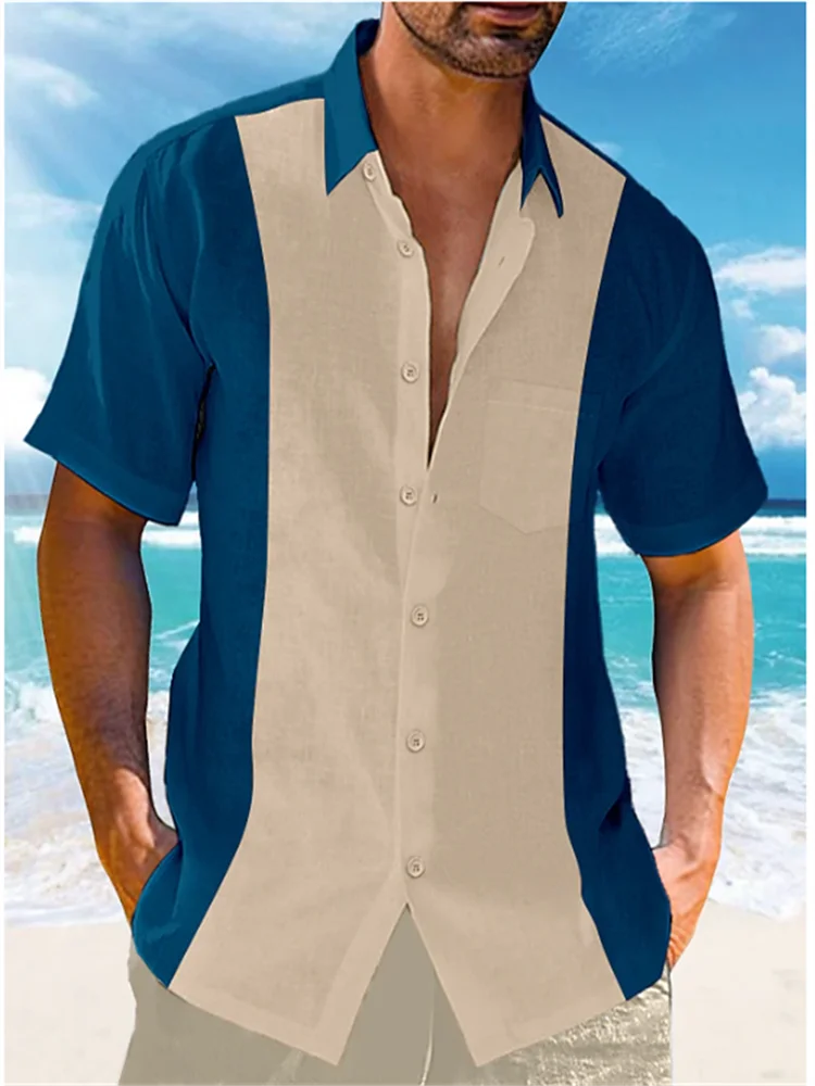 Men's Shirt New 2023 Casual Summer Shirt Beach Vacation Top Blue Short Sleeve Color Matching Lapel Front Pocket Clothing Fashion