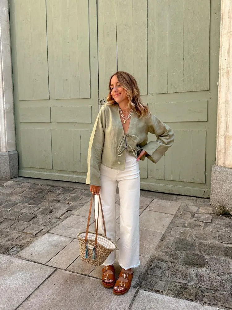 Casual Solid Lace Up Women Blouse Deep V-neck Long Sleeve Loose Female Shirt 2025 Spring Summer New Fashion Sweet Ladies Blouses