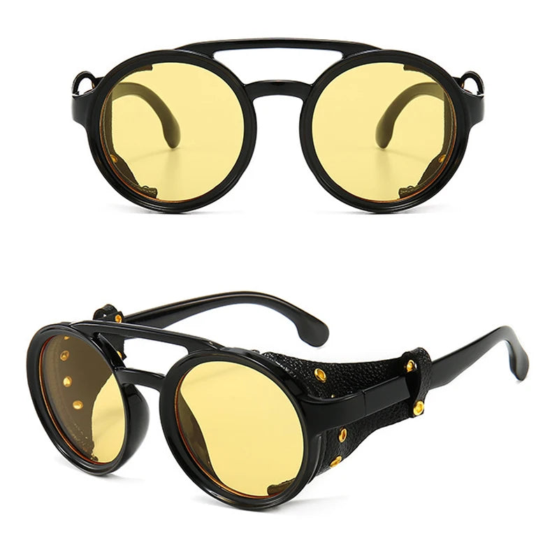 Steampunk Shields Sunglasses Men Women Classic Sun Glasses With Side Leather Round Eyewears Punk UV400 Lens