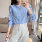 Woman's Embroidery Cotton Long-Sleeved Shirt New Stand Collar Stitching Ruffled Shirts Female Temperament Age-Reducing Thin Top