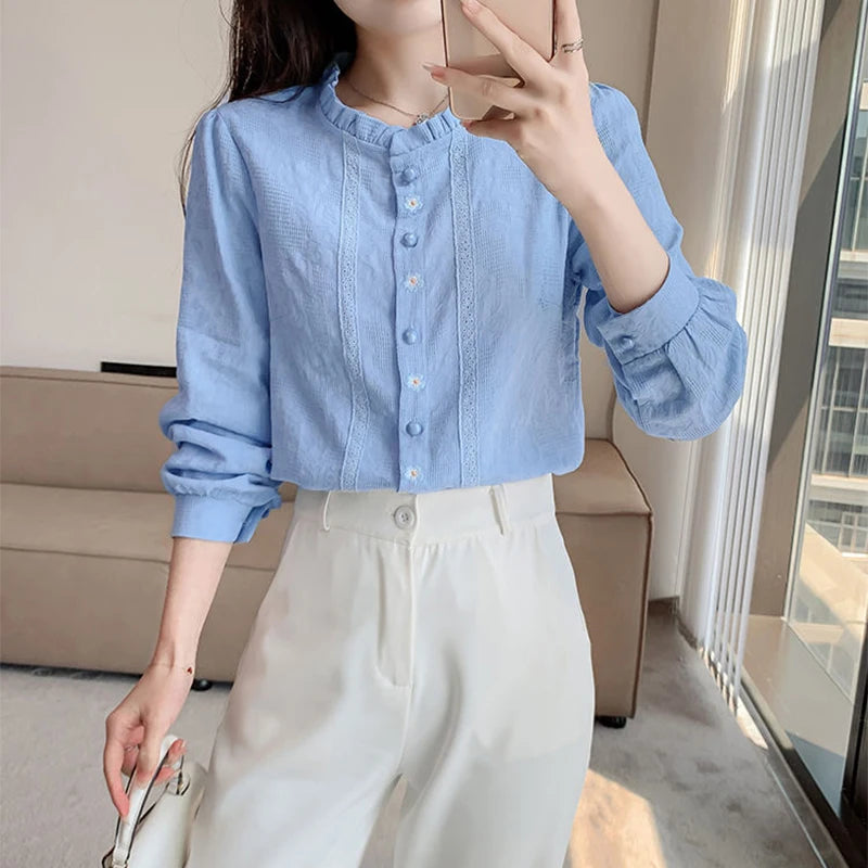 Woman's Embroidery Cotton Long-Sleeved Shirt New Stand Collar Stitching Ruffled Shirts Female Temperament Age-Reducing Thin Top