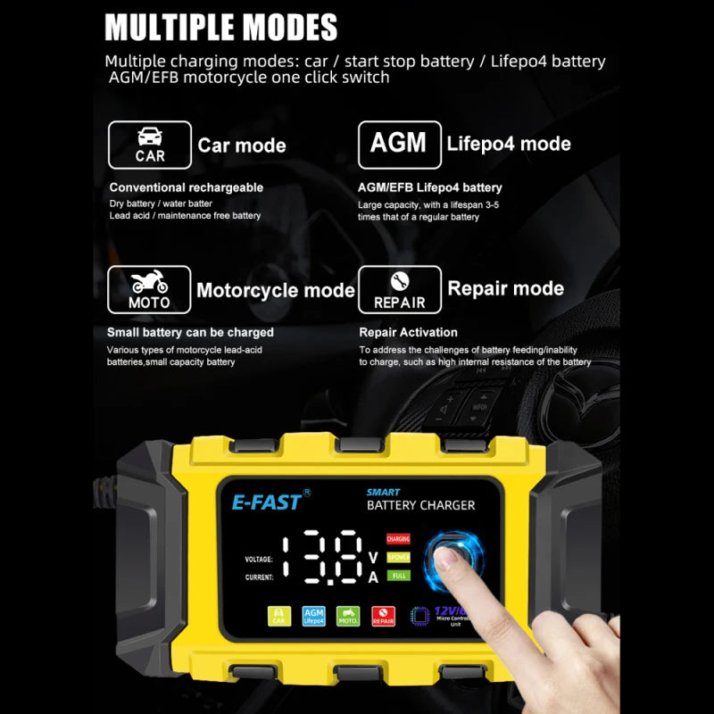 E-FAST Car Battery Chargers 12V/6A Full Automatic Battery Chargers Maintainer Portable Trickle Chargers Battery Desulfator