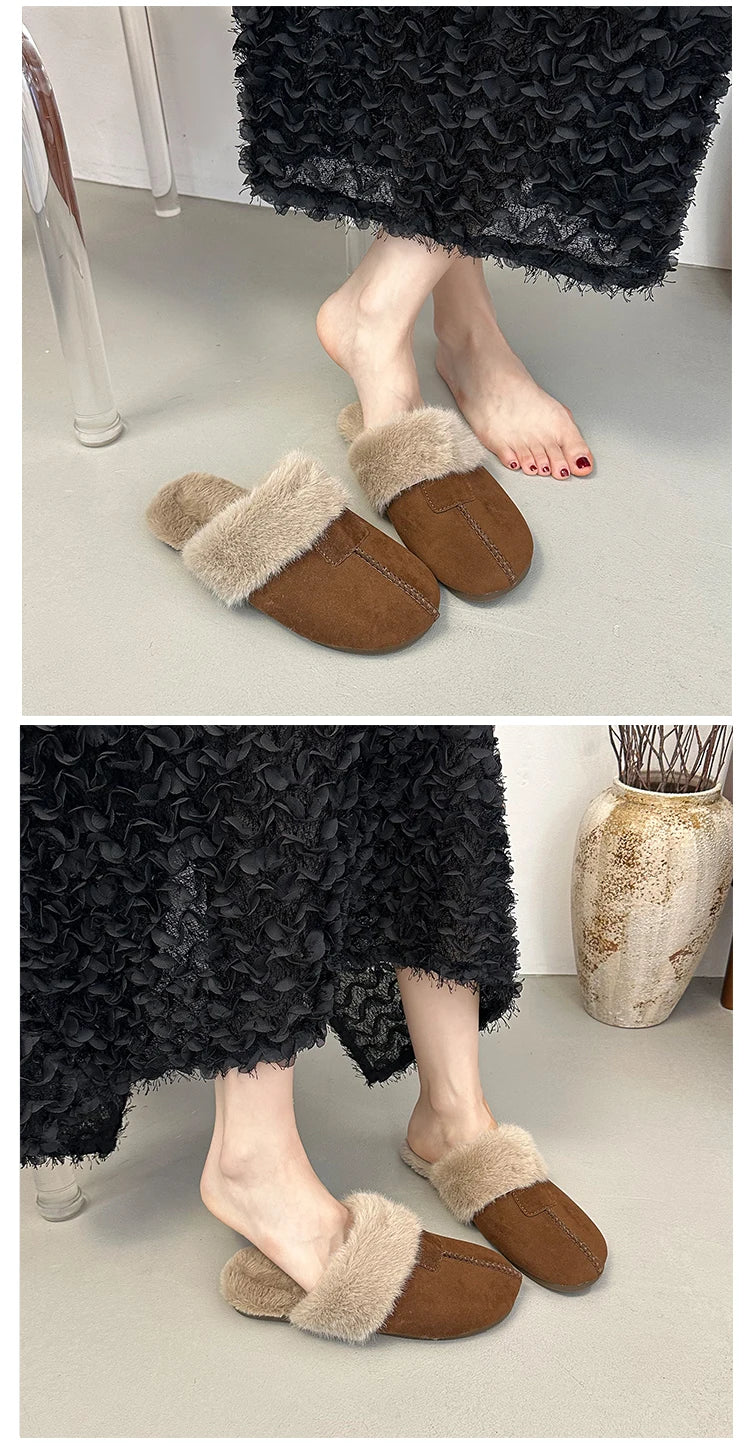Fur Flats Women Cotton Slippers Fashion Warm Shoes Winter Short Plush Designer Cozy Woman Boots 2025 New Dress Mujer De Boots