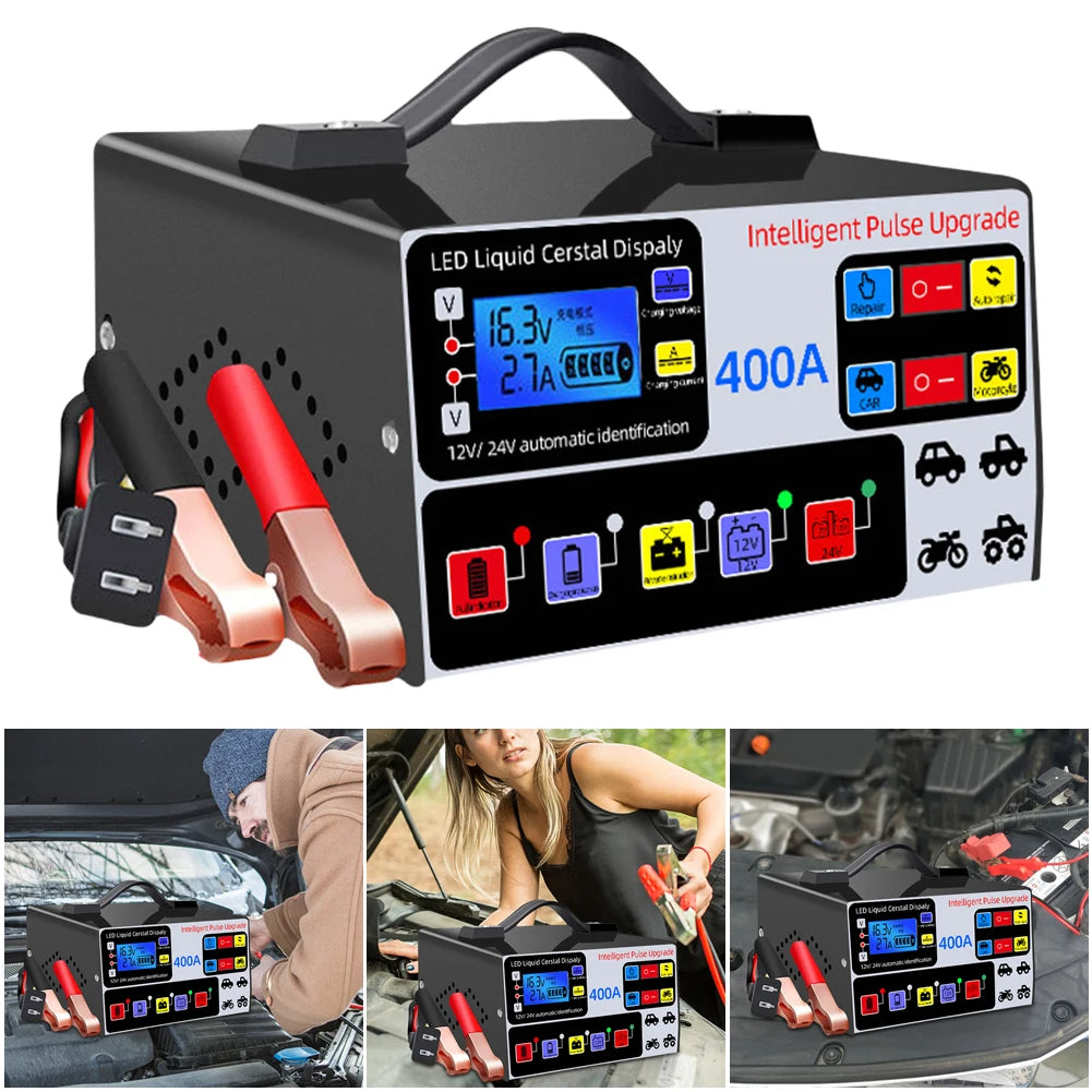 400A Car Battery Charger 220W Heavy Duty Smart Battery Charger 12V/24V Battery High Power Fast Charger Self-Stop Battery Charger