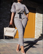 Pant Sets Casual Short Sleeve Shirt Pants Set Office Lady Spring Autumn Print Blouse Lace Up Trousers Two Piece Set Women Outfit