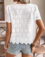 Woman Clothing Blouse Embroidered With Lace Eyelets, Elegant Short -sleeve Top With Neck For Spring And Summer, Women's Clothing