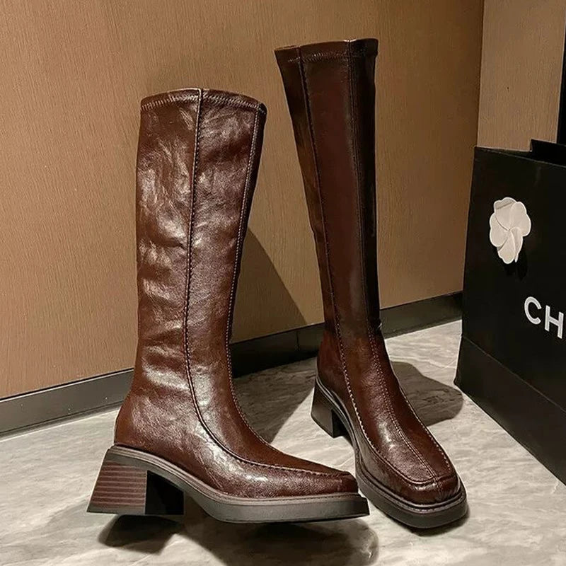 Women's High Boots High Heels Fashion Dress Shoes Chunky Luxury Woman Winter Boots 2025 Designer Knee High Chelsea Botas Mujer