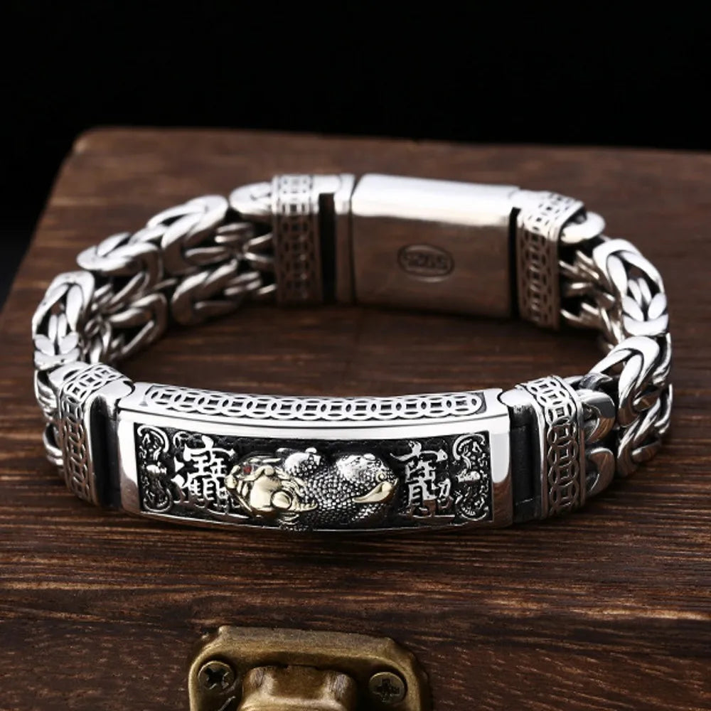 Vintage 100% Solid S925 Silver Retro Lucky Pixiu Man Bracelet Thick Style Domineering Trend Personality Jewelry
