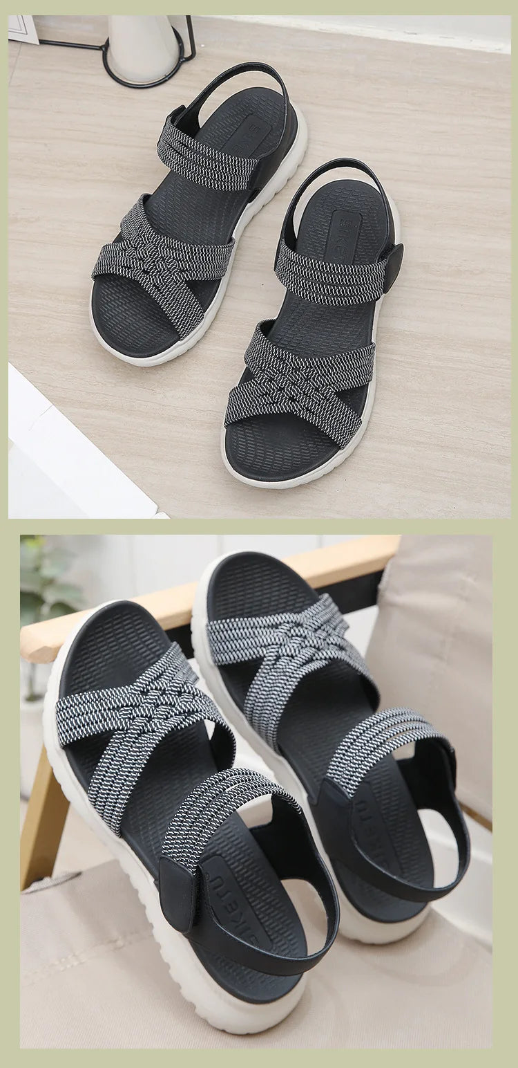 Women's Sandals Summer Casual Non-Slip PU Light Comfort Elastic Soft MD Platform Wedges High Heels Beach Shoes Woman
