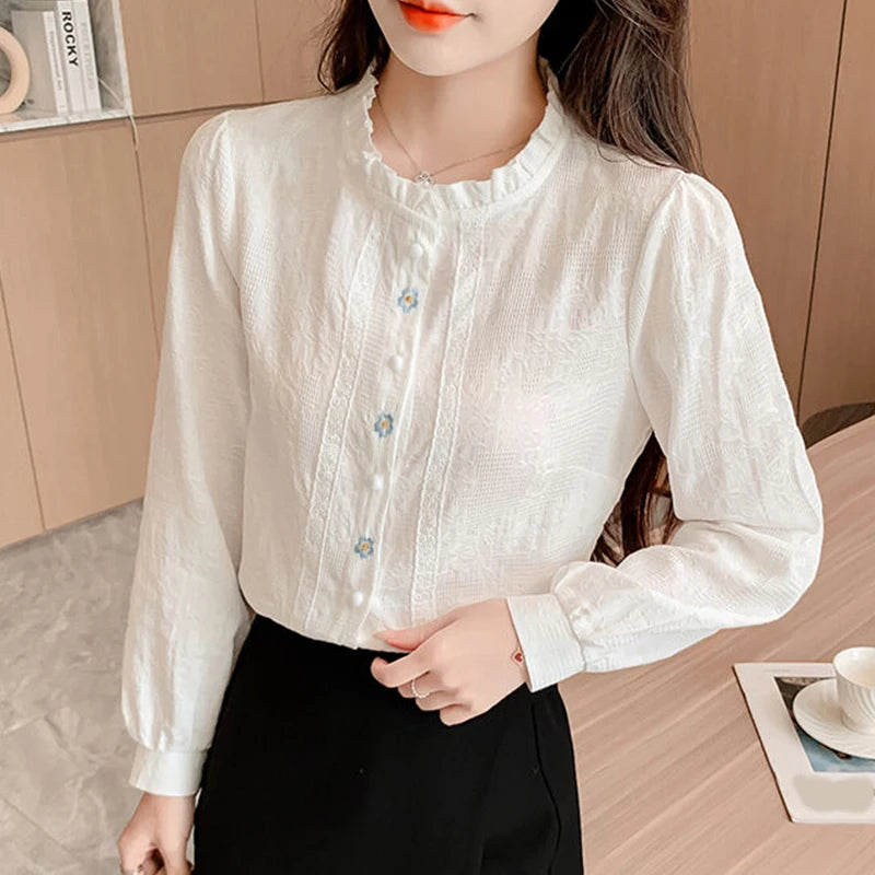 Woman's Embroidery Cotton Long-Sleeved Shirt New Stand Collar Stitching Ruffled Shirts Female Temperament Age-Reducing Thin Top