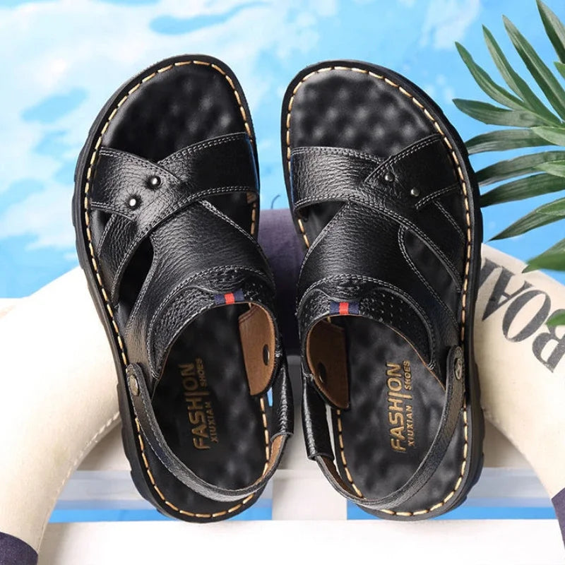 Men's Leather Summer Sandals 2025 Non-slip Thick-soled Comfort Soft Outdoor Beach Slippers