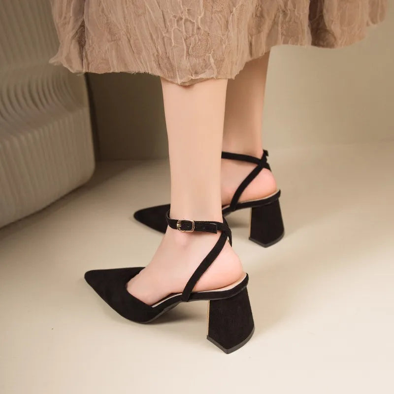 2025 Sandals for Woman Pointed Toe Chunky Footwear Closed Thick Heel Summer Block High Heels Heeled Pumps Women's Shoes Korea