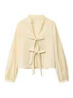 Women Striped Printed Lace-Up Shirt With Bow New Puff Long Sleeves V-Neck Hollow Out Blouses Sweet Ladies Fashion Tops