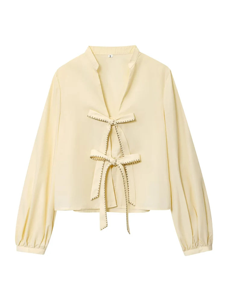 Women Striped Printed Lace-Up Shirt With Bow New Puff Long Sleeves V-Neck Hollow Out Blouses Sweet Ladies Fashion Tops