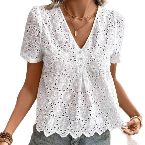 Woman Clothing Blouse Embroidered With Lace Eyelets, Elegant Short -sleeve Top With Neck For Spring And Summer, Women's Clothing