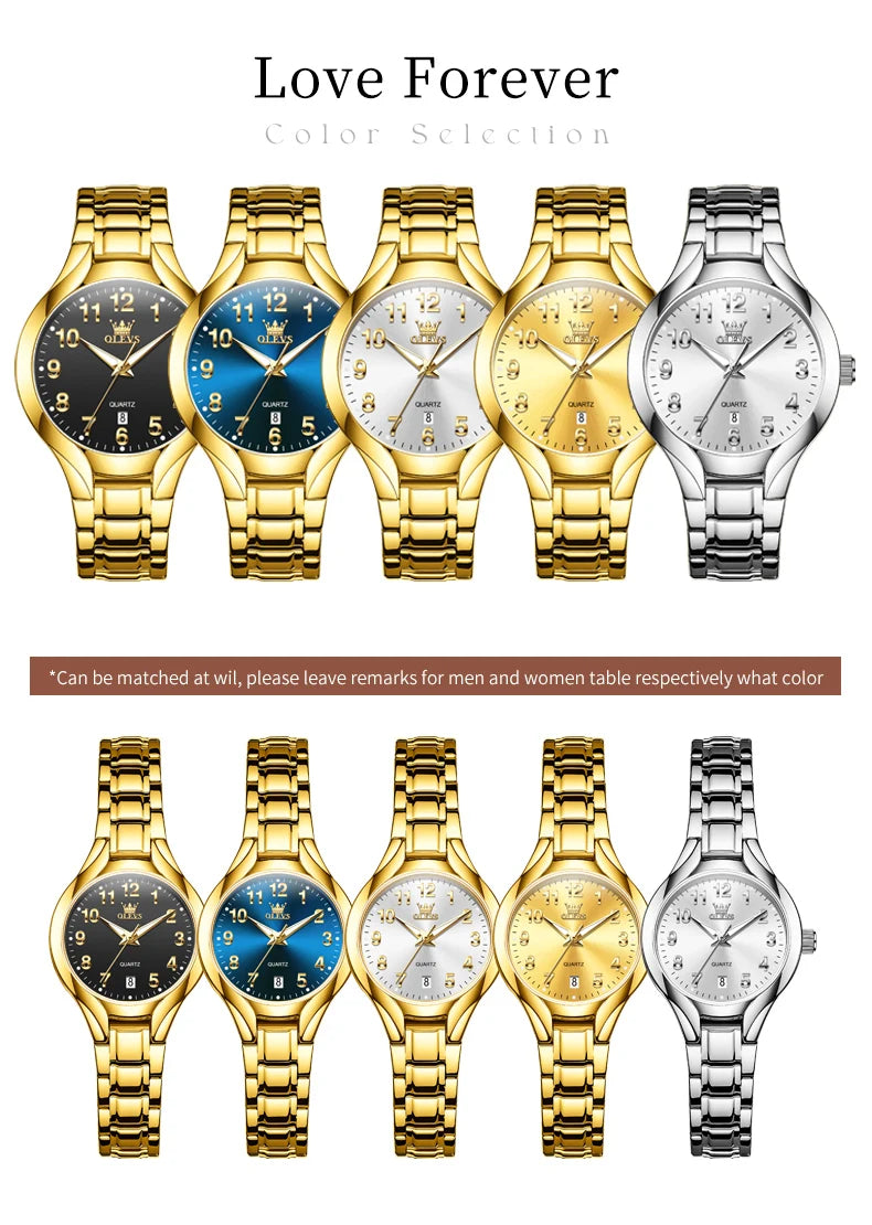 OLEVS 3650 Couple Watches For Men Women Number Scale Waterproof Quartz Dress Wristwatch Luminous Luxury Calendar Business Watch