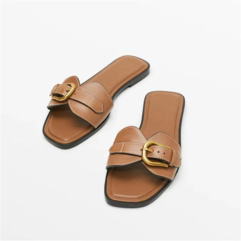 Slippers for Woman 2025 Summer Beach Flats Ladies Buckle Slides Gladiator Sandals Luxury Leather Mules Zapatos Mujer