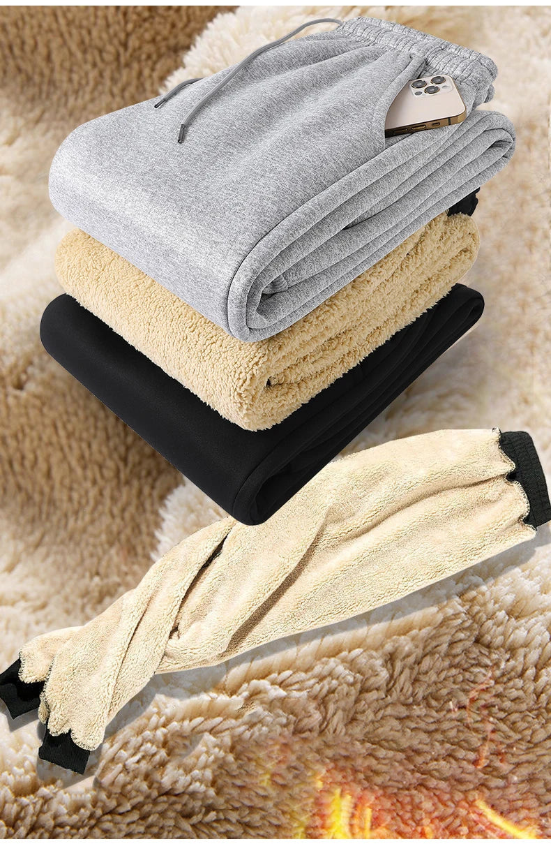 Pants for men in autumn and winter, thickened with fleece for outerwear, casual pants, warm lamb wool sports sweatpants