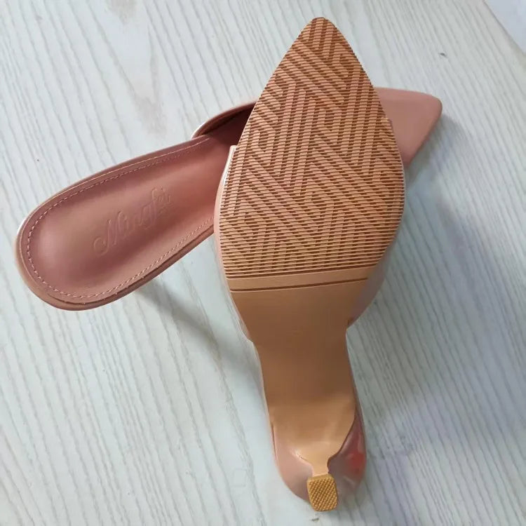 Women's Slippers 2025 New Summer Slim Heel Pointed Toe Worn with A Straight Drag Patent Leather High-heeled Slippers for Womens