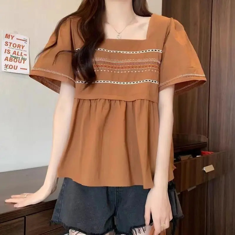 Women's Clothing Folk Embroidery Shirt Casual Loose Stylish Folds Hollow Out Summer Short Sleeve Elegant Square Collar Blouse