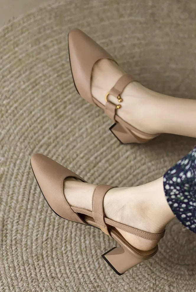 Sandals for Woman Summer 2024 High Heels One Word Women's Shoes Leather Pointed Toe Buckles Thick Heel Medium Footwear Comfort F