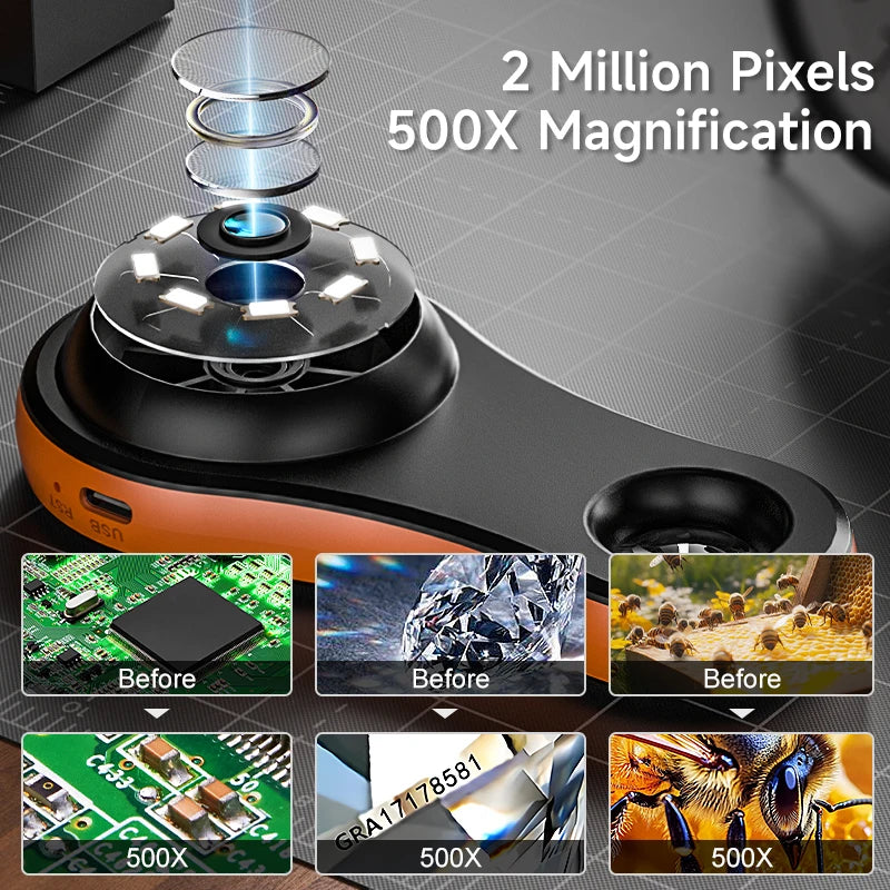 2.0'' IPS Digital Magnifier HD 1080P 500X Portable Microscope Handheld Mignifying Glass for Electronics Repair Check Jewelry