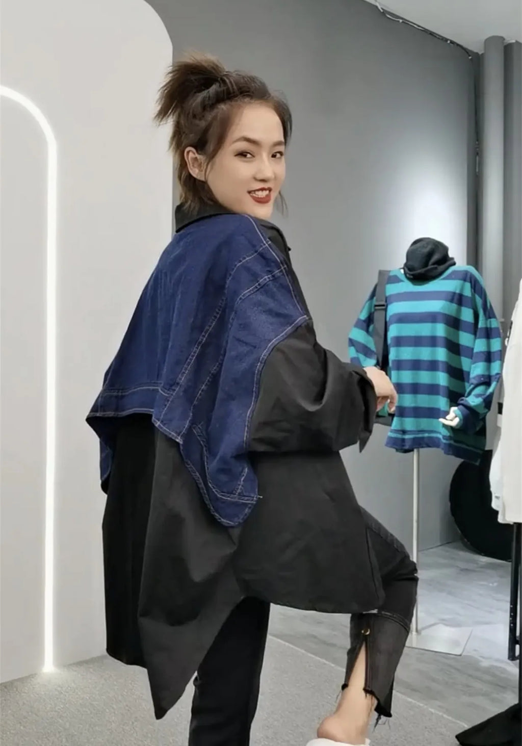 Tannt Women Blouse Denim Patchwork Stitched Ladies Shirt Long Sleeve Loose Leisure Irregular Shirts Fake Two Female Tops 2025