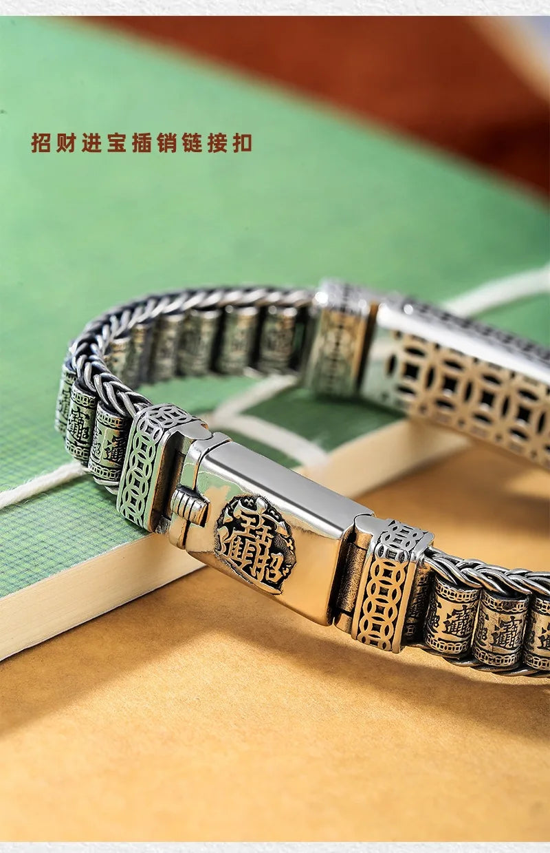 Vintage 100% Solid S925 Silver Retro Lucky Pixiu Man Bracelet Thick Style Domineering Trend Personality Jewelry