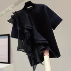 ZANZEA Women Ruffled Stitching Blouse Fashion Holiday O-neck Tops 2024 Summer Short Sleeve Tunics Casual Loose Solid Blusa Femme