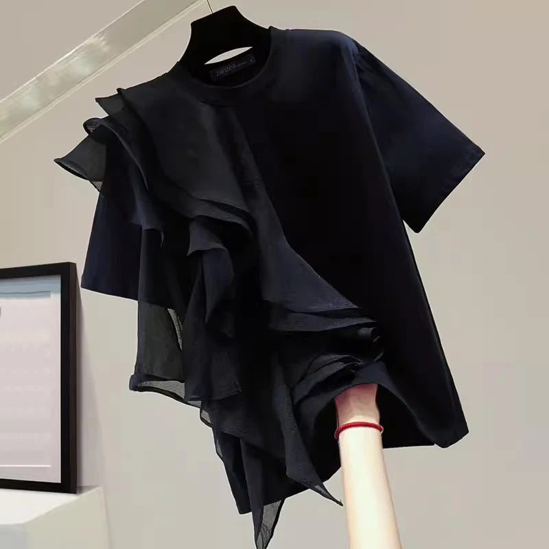 ZANZEA Women Ruffled Stitching Blouse Fashion Holiday O-neck Tops 2024 Summer Short Sleeve Tunics Casual Loose Solid Blusa Femme