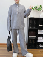 Pant Set Women Two Piece Sets Stand Collar Full Sleeve Knit Tops Wide Leg Long Pants Lace Up Elastic Waist Y2k Streetwear