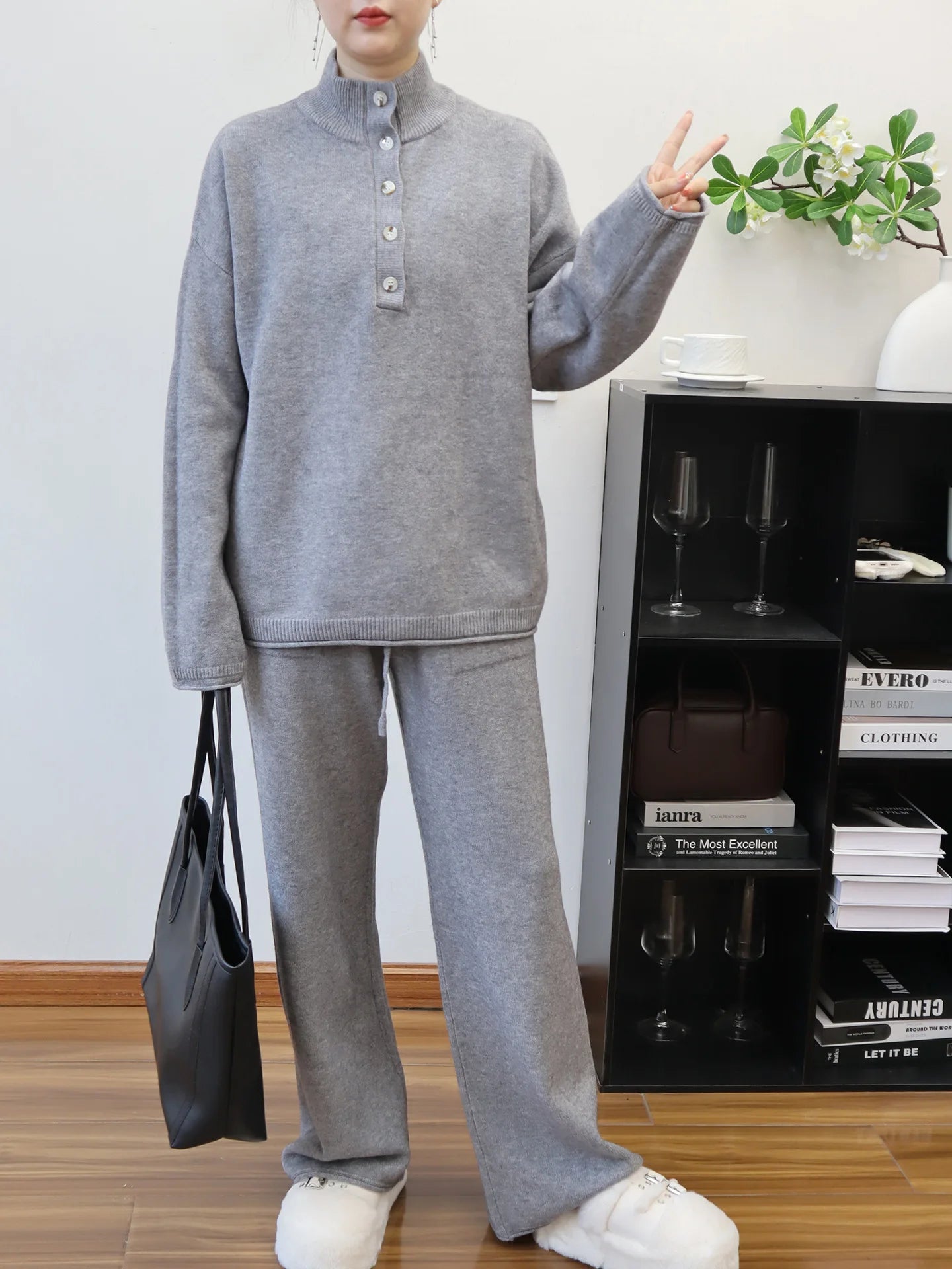 Pant Set Women Two Piece Sets Stand Collar Full Sleeve Knit Tops Wide Leg Long Pants Lace Up Elastic Waist Y2k Streetwear