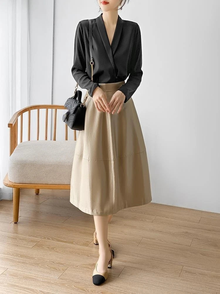 Women's Tunic V Neck Solid Color Elegant Blouses Spring Autumn Office Lady Silk Satin Solid Black White Long Sleeve Shirt Women