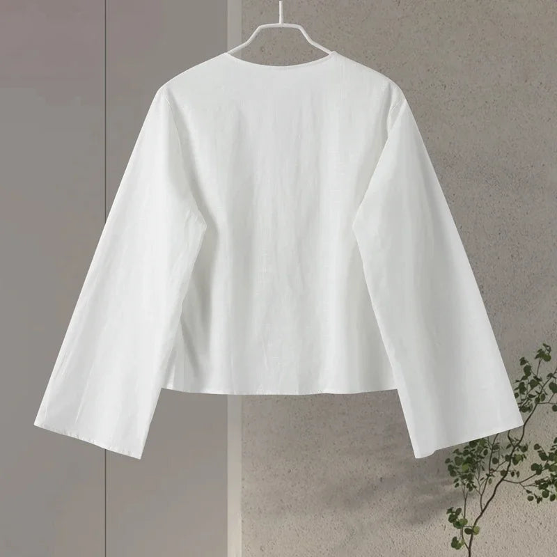 Casual Solid Lace Up Women Blouse Deep V-neck Long Sleeve Loose Female Shirt 2025 Spring Summer New Fashion Sweet Ladies Blouses