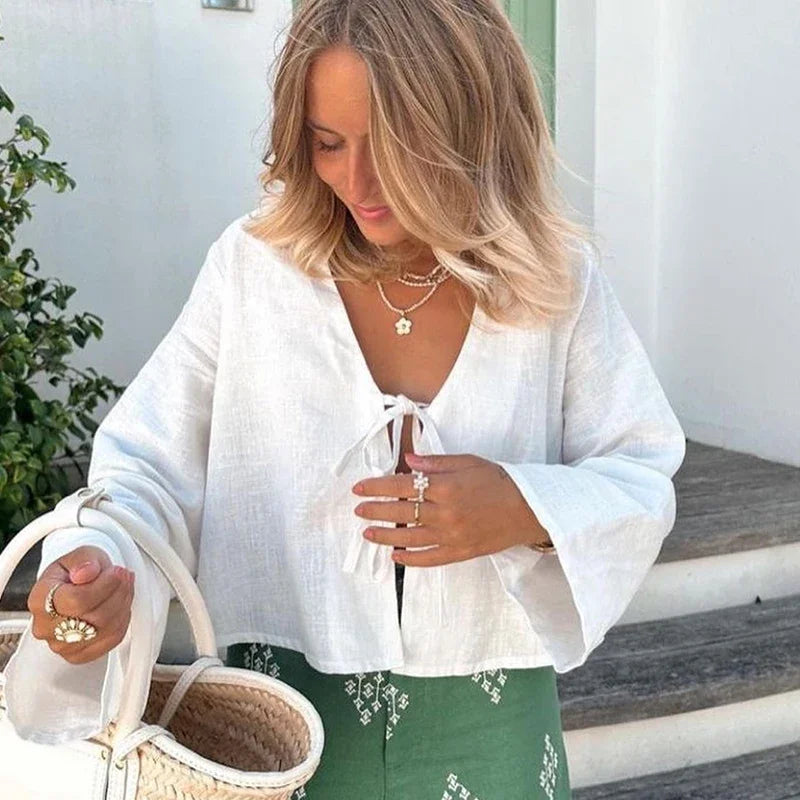 Casual Solid Lace Up Women Blouse Deep V-neck Long Sleeve Loose Female Shirt 2025 Spring Summer New Fashion Sweet Ladies Blouses