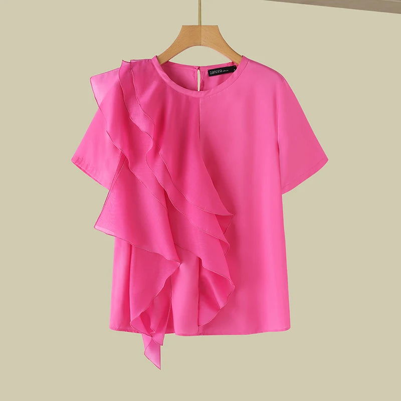 ZANZEA Women Ruffled Stitching Blouse Fashion Holiday O-neck Tops 2024 Summer Short Sleeve Tunics Casual Loose Solid Blusa Femme