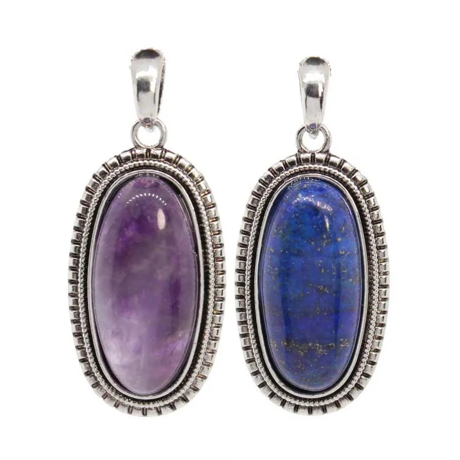 Natural Crystal Oval Stone Pendants For Women Necklace DIY Amethyst Rose Quartz Lapis Lazuli Gemstone Pendant Jewelry No Chain