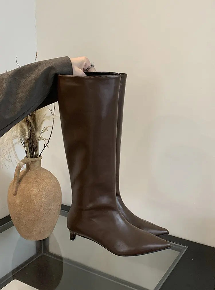 Pointed Toe Women High Boots Leather Fashion Sexy Heels Shoes Woman  Trend New Snow Boots Low Heels Elegant Goth Mujer Botas