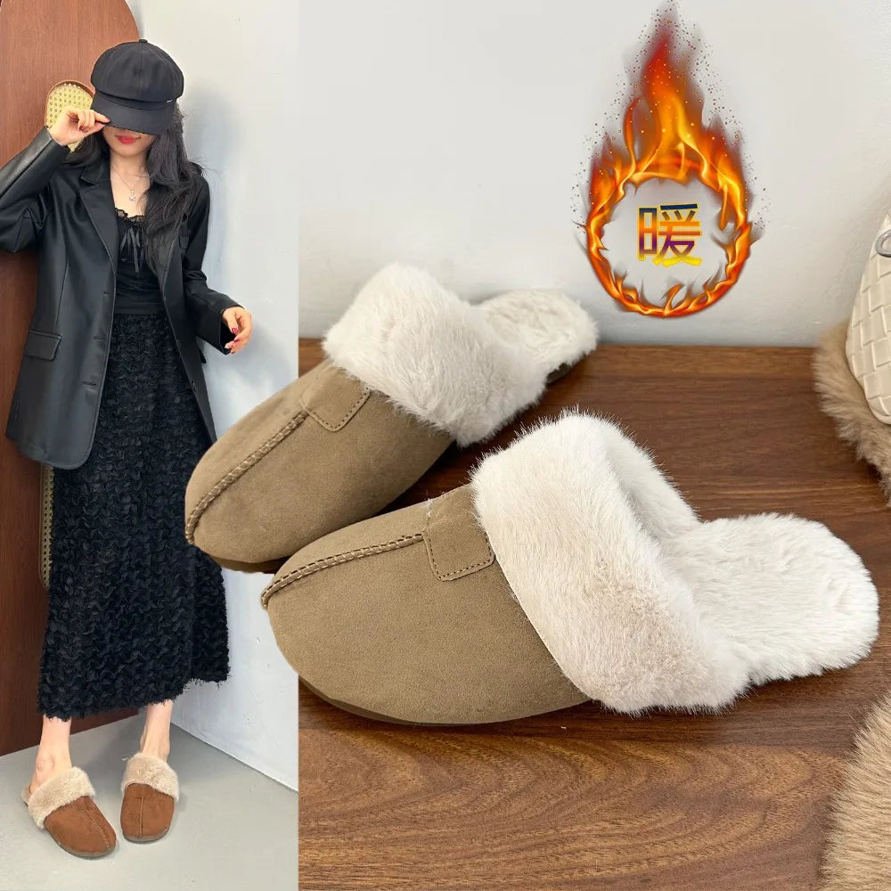 Fur Flats Women Cotton Slippers Fashion Warm Shoes Winter Short Plush Designer Cozy Woman Boots 2025 New Dress Mujer De Boots