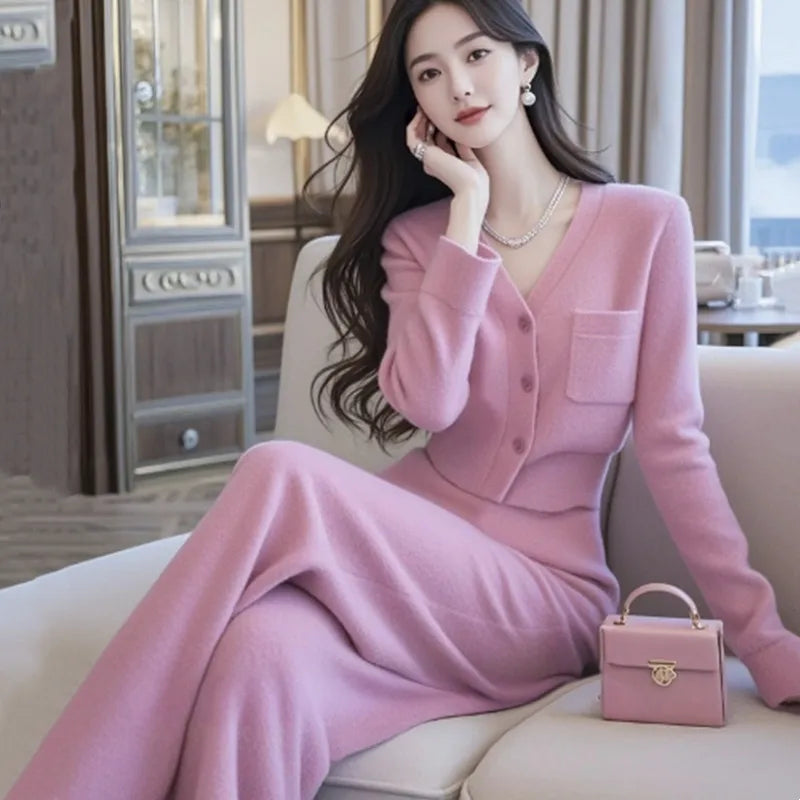 Autumn and winter new set fashionable temperament small fragrant style sweater+wide leg pants two-piece set