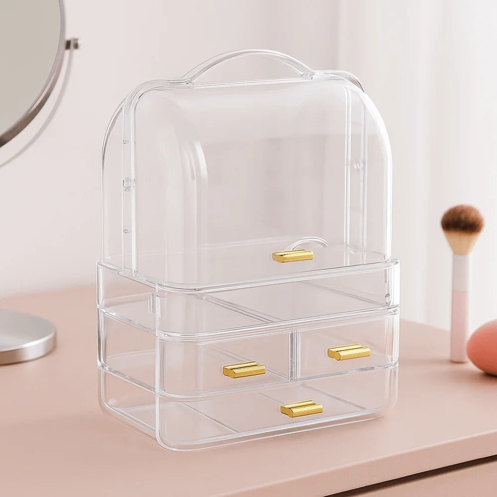 Drawer Style Cosmetics Storage Box Clear with Lid and Handle Makeup Storage Rack Desktop Organizer Dustproof