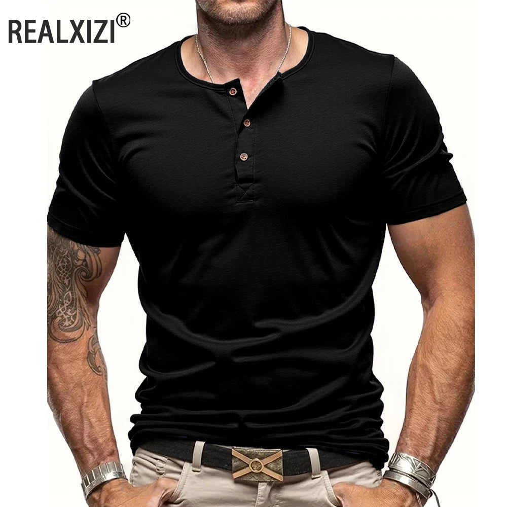 Men's Short Sleeve Henley Neck T-shirt Solid Color Male Tops Slim Fit Button Neck Casual Cozy Tshirt  Streetwear