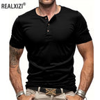 Men's Short Sleeve Henley Neck T-shirt Solid Color Male Tops Slim Fit Button Neck Casual Cozy Tshirt  Streetwear
