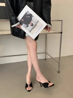 Women's High Heels Slippers Pointed Toe Metal Decoration Thin Heels Shoes Women Dress Fashion Korean Style Zapatillas De Mujer