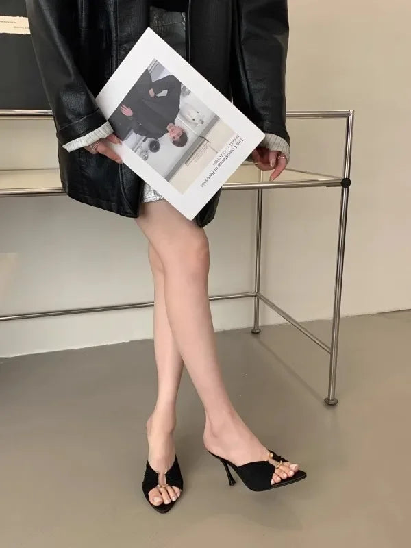 Women's High Heels Slippers Pointed Toe Metal Decoration Thin Heels Shoes Women Dress Fashion Korean Style Zapatillas De Mujer