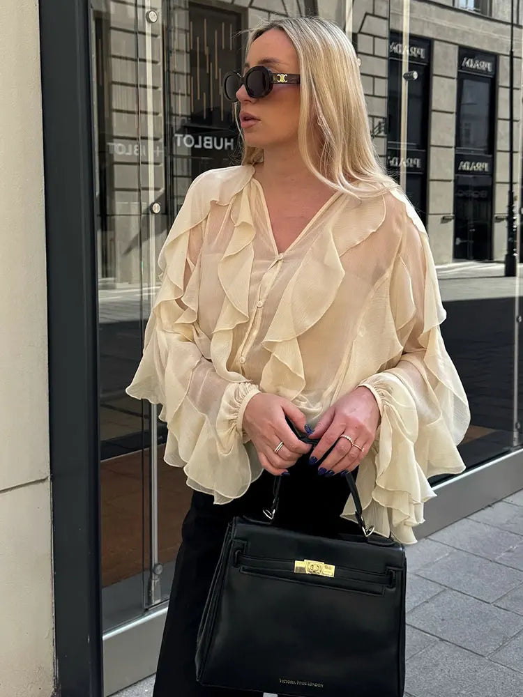 HH Women Ruffles Tierred Thin Blouses Solid Elegant Woman V Neck Long Sleeve Shirt 2025 Fashion High Street Lady Chic Tops