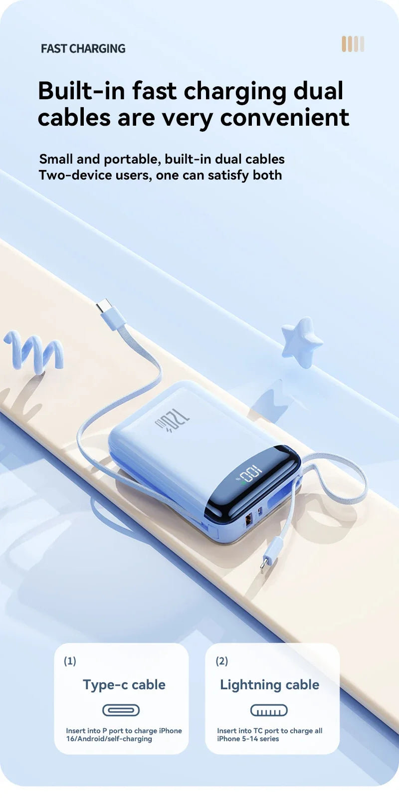 120W Fast Charging Power Bank 20000mAh Large Capacity Portable External Battery Comes with 2 Lines for IPhone Xiaomi Huawei New