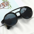 Steampunk Shields Sunglasses Men Women Classic Sun Glasses With Side Leather Round Eyewears Punk UV400 Lens