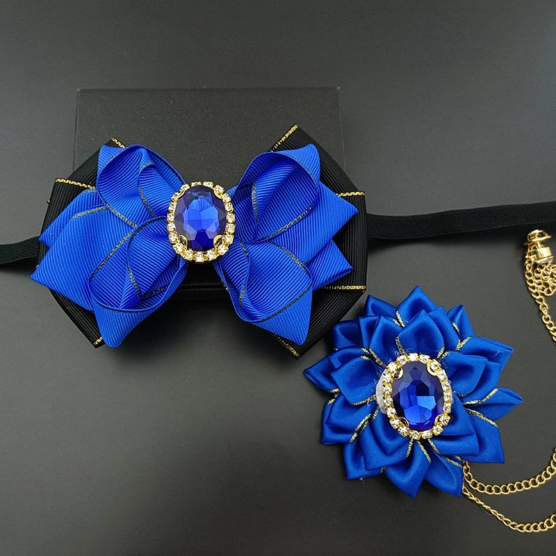 Wedding Bow Tie Corsage Men's Business Banquet Concert Suit Shirts Accessories Jewelry High-end Crystal Collar Flower Brooch Set